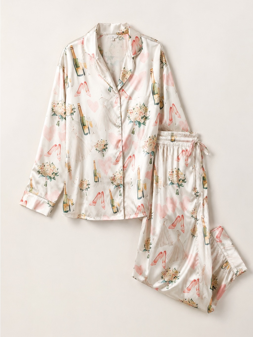 Silky White Champagne & Floral Print Pajama Set